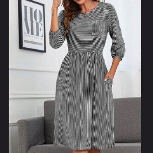 Pocket Tee Dress Striped Midi High Waist Stretch Balloon Sleeve Black White NEW